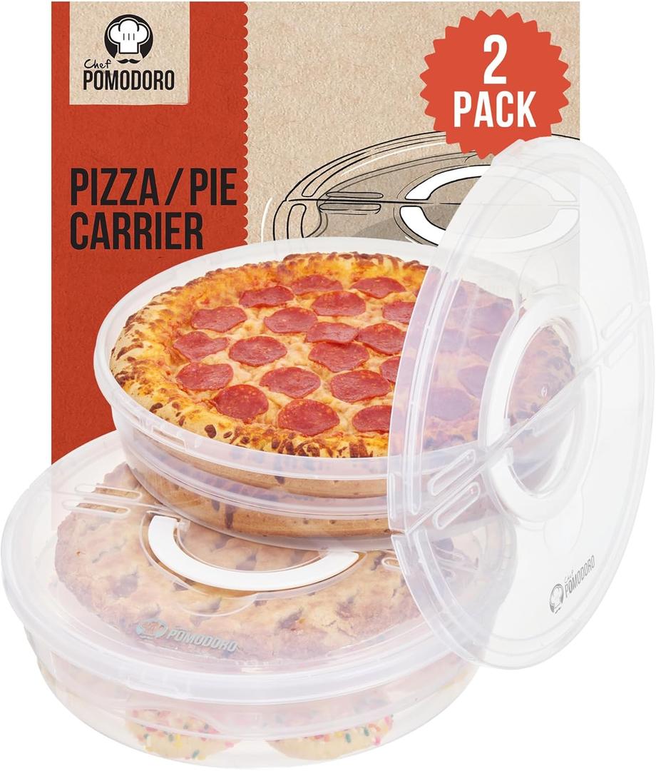 Chef Pomodoro 12-Inch Pie Carrier with Lid and Divider, 2-Pack Reusable Pizza Storage Container, Expandable Pie Carrier with Handle, Pizza Pack Container, Pizza Keeper for Cake, Pastries, and More