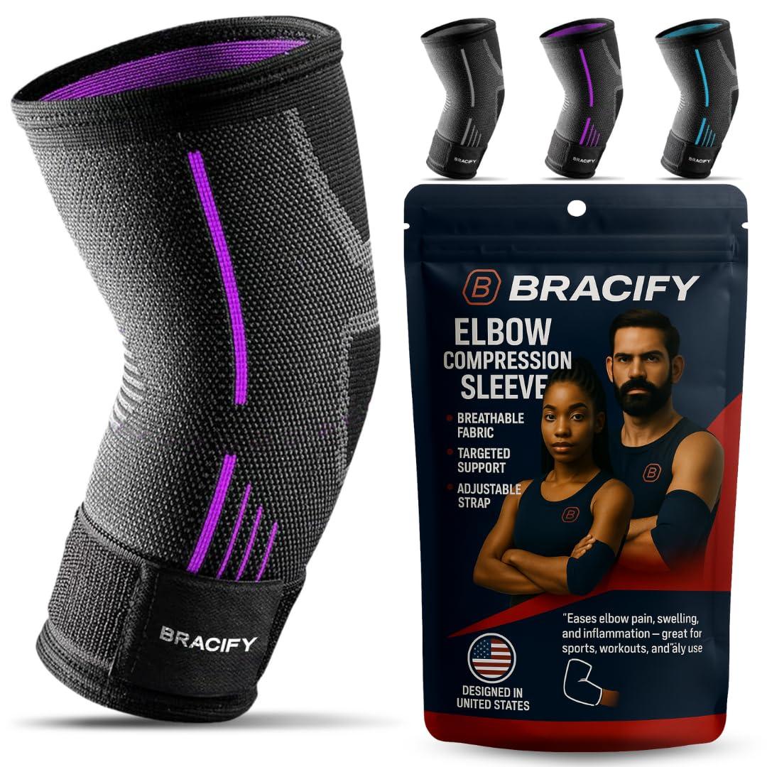Elbow Brace for Tendonitis and Tennis Elbow for Women & Men, Arm Compression Sleeve for Arthritis, Workouts, Weightlifting, Reduce Joint Pain During Fitness Activity (Medium) (Purple)