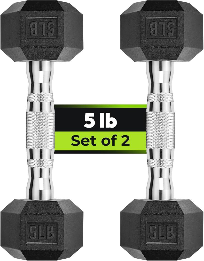 Hex Dumbbell Rubber Encased Strength Training Dumbbells, Hand Weight For Workout & Exercise/Pair of 5LB