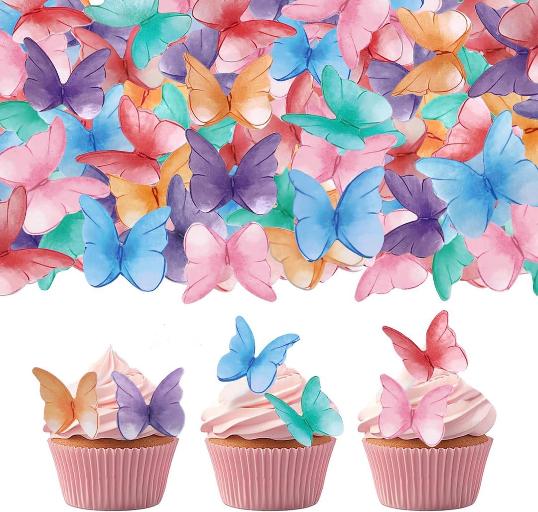 52 pieces edible wafer paper butterfly cake decoration, suitable for weddings, birthdays, Christmas parties to decorate cookies, donuts, cocktails, cupcake tops (Watercolor mixing)