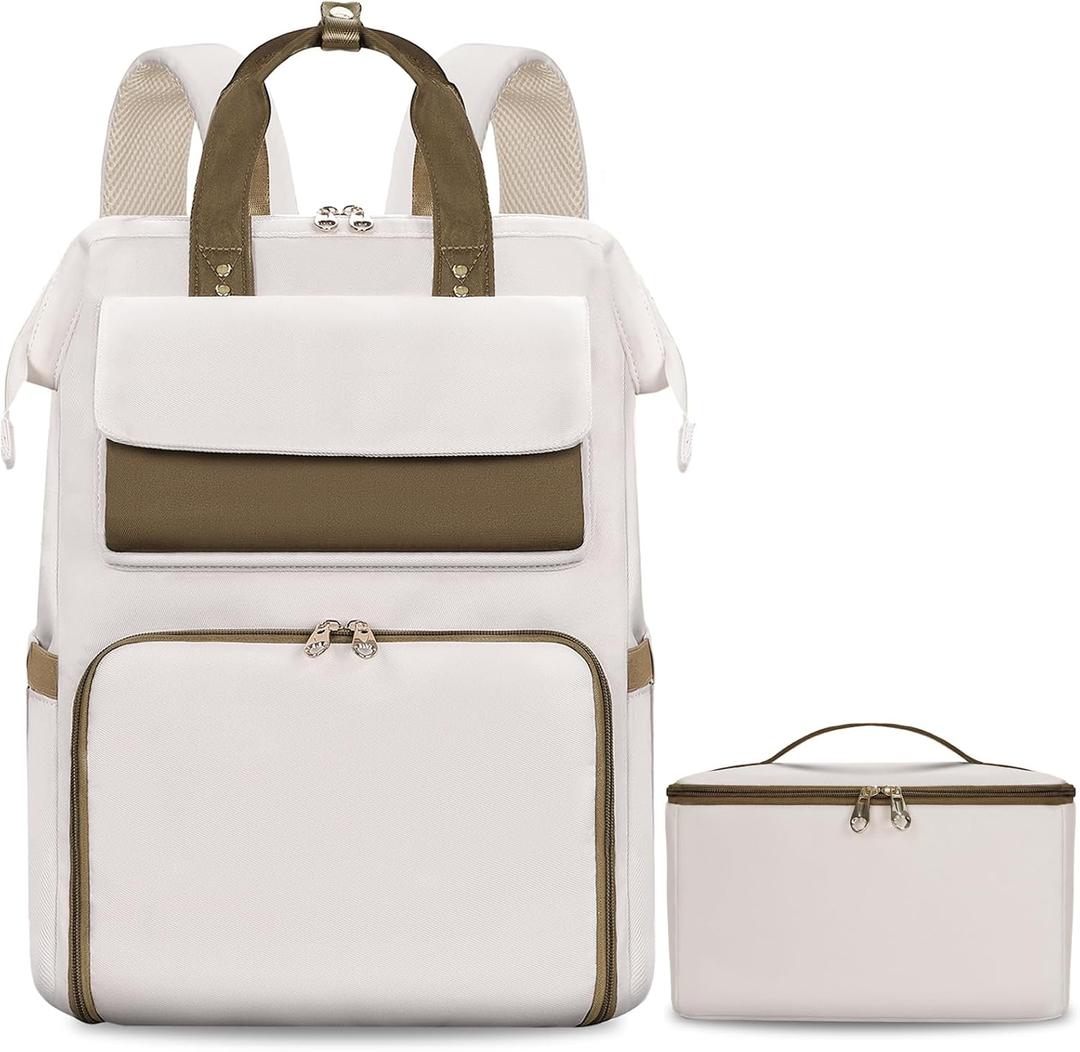 BERTASCHE Lunch Backpack for Women, 15.6 Inch Laptop Backpack with Insulated Cooler Lunch box, Nurse Backpack for Teacher Work Travel College Picnic, Beige