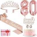 80th Birthday Decorations for Women, Include 80th Birthday Sash and Tiara, Cake Topper and Candles, Number Balloons, Greeting Card, 80 Year Old Gifts for Women