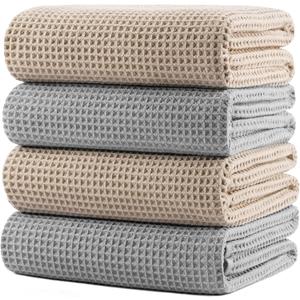 POLYTE 430 GSM Microfiber Oversize Quick Dry Lint Free Bath Towel, 60 x 30 in, 4 Pack (Waffle Weave)