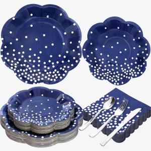 25 Guests Navy Blue Paper Plates, Navy Blue Plates and Napkins Party Supplies, Dark Blue and Gold Dot Disposable Dinnerware Set for Wedding Birthday Party