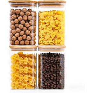 SHOWIN Glass Food Storage Jars Square 37oz, 4 Pack Glass Jars With Bamboo Lids, Kitchen Storage Containers For Spice, Candy, Cookie, Storage For Pantry Organizers