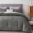 Boho Queen Comforter Set,Grey Rhombus Tufted Queen Size Comforter Set with Corner Loops,3 Pieces Embroidery Shabby Chic Bedding Comforter Sets for All Seasons(Grey,Queen)