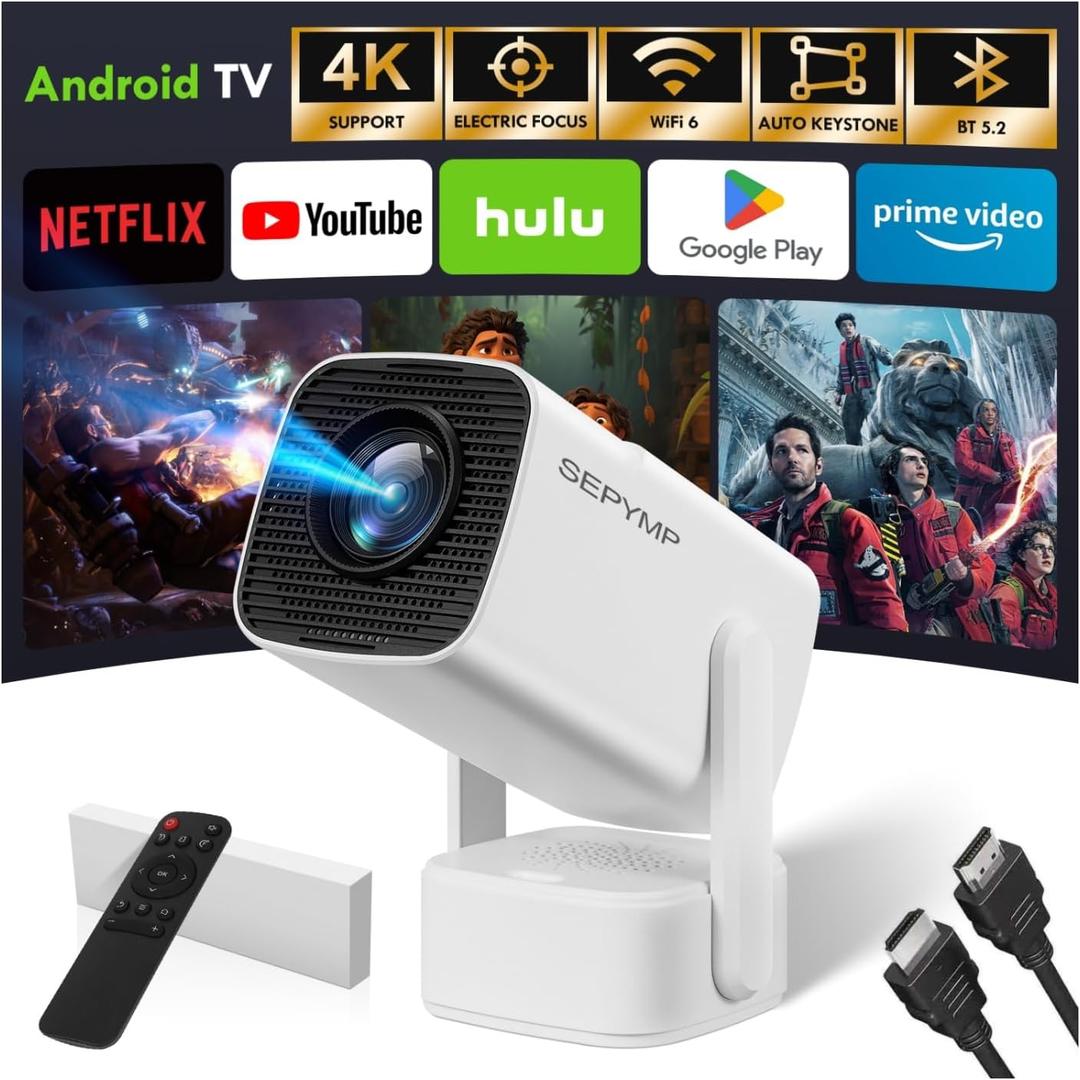 Mini Projector 2025 Upgraded with 4K & 1080P, Portable Video Projector for Bedroom & Outdoor , Android 13 with WiFi 6 & Bluetooth 5.2, Built-in Netflix, Compatible with iPhone/TV Stick (white)