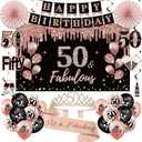 50th Birthday Decorations for Women, 33pcs 50th Birthday Crown and Sash, Black Rose Gold Happy 50th Birthday Banner Balloons Backdrop Hanging Swirls Paper Fans, 50 Years Old Birthday Decorations Kit