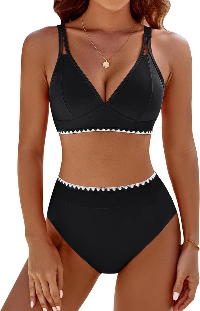 BMJL Women's Bikini Sets V Neck High Waisted Swimsuits Shell Stitched Cheeky Two Piece Bathing Suit (Small, Black039)