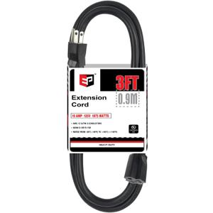 EP 3 Ft Extension Cord - 12/3 SJTW Heavy Duty Black Extension Cable with 3 Prong Grounded Plug - Power Cord for Lawn, Garden, Appliances