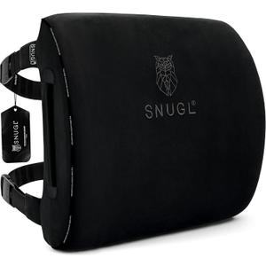 SNUGL Lower Back Support Cushion for Chair and Car Seat | Memory Foam Back Lumbar Support Cushion with Dual Straps | Ergonomic Office Chair with Non-Slip Back Layer | Black