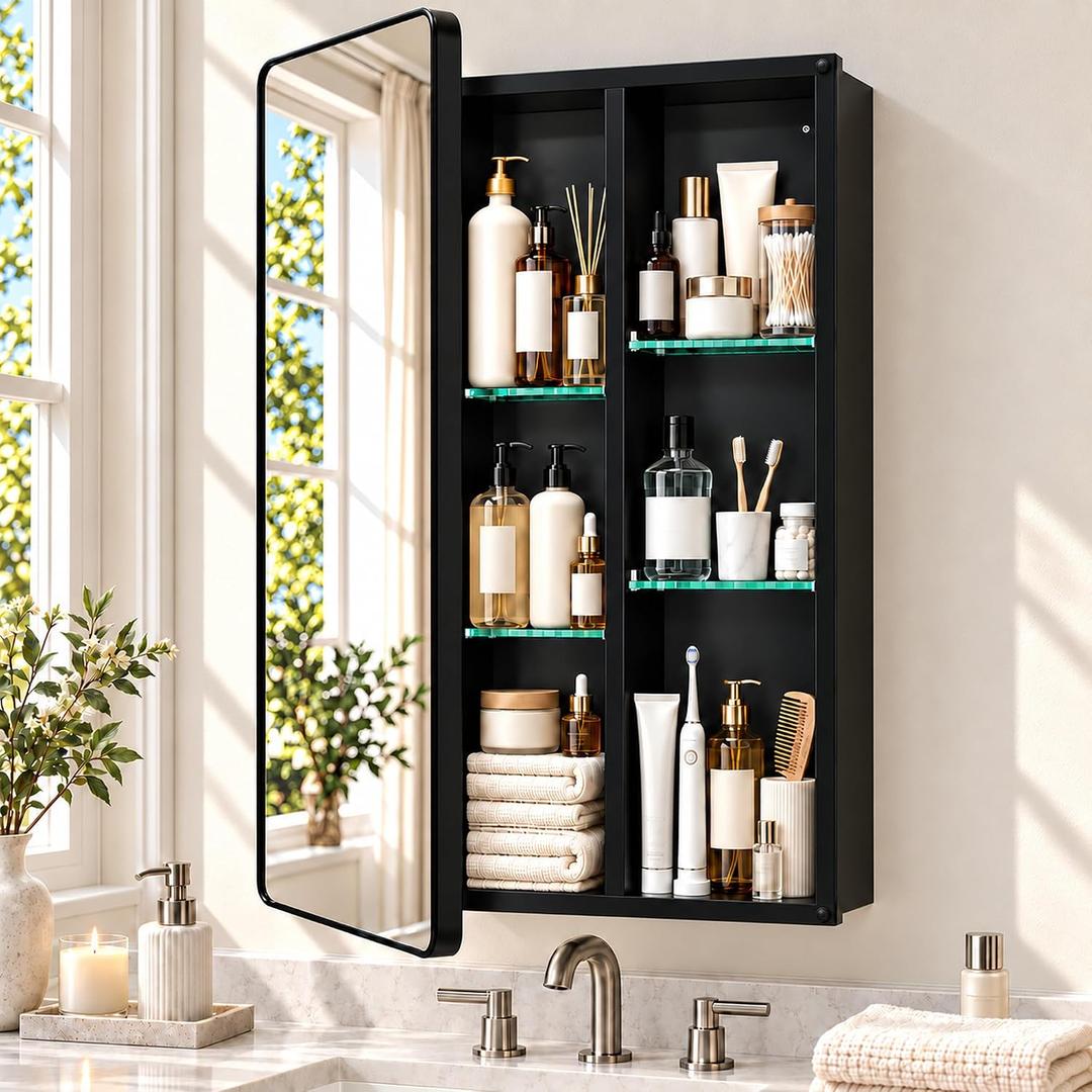 16x25.5 Black Medicine Cabinet with Mirror, Recessed/Surface Mount