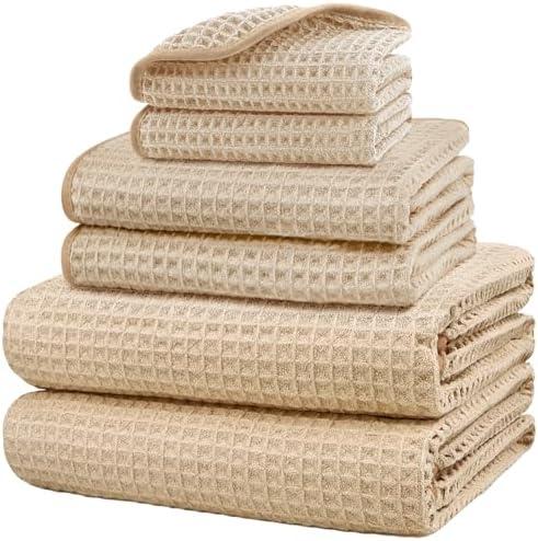 HOMEXCEL 6 Piece Premium Towels Set, 2 Bath Towels, 2 Hand Towels, and 2 Wash Cloths, Soft, Highly Absorbent and Quick Dry Microfiber Waffle Towel for Bathroom, Gym, Shower, Hotel, and Spa, Beige