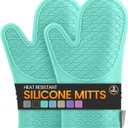 Silicone Oven Mitts, Heat Resistant 2PCS Oven Mitts with Soft Cotton Lining, Waterproof Non-Slip Grip Oven Glove, Kitchen Potholder Mits for BBQ, Baking, Cooking, 12.5 Inch - Green