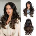 Highlight Brown Mix Black Wig Layered with Curtain Bangs and Realistic Scalp, Long Blonde Layered Synthetic Wavy Middle Part Butterfly Natural Wigs for Black and White Women Daily Party 24Inch