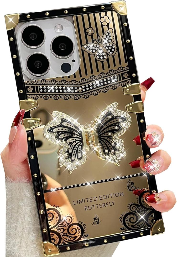 Changjia Glitter Kickstand Case for iPhone 16 Pro,Cute Luxury Bling Sparkly Rhinestones Butterfly Foldable Stand Elegant Mirror Shockproof Protective Case for Women Girls for iPhone 16 Pro 6.3", Black