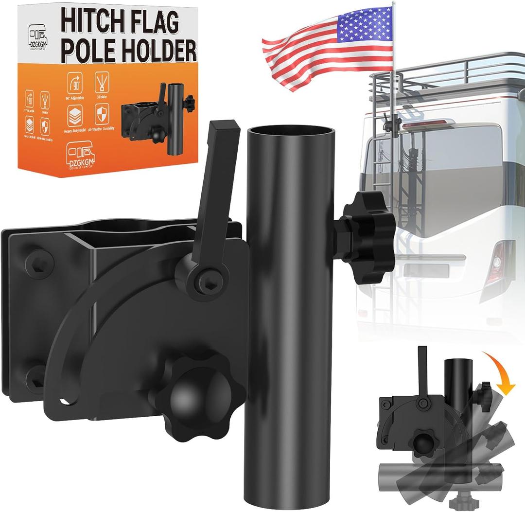 Adjustable RV Flag Pole Mount, Heavy-Duty RV Flag Holder for 1"1.5" RV Ladders, Fits 1"1.25" Flagpoles, Vertical & Horizontal Installation, Durable Camper Flag Mount