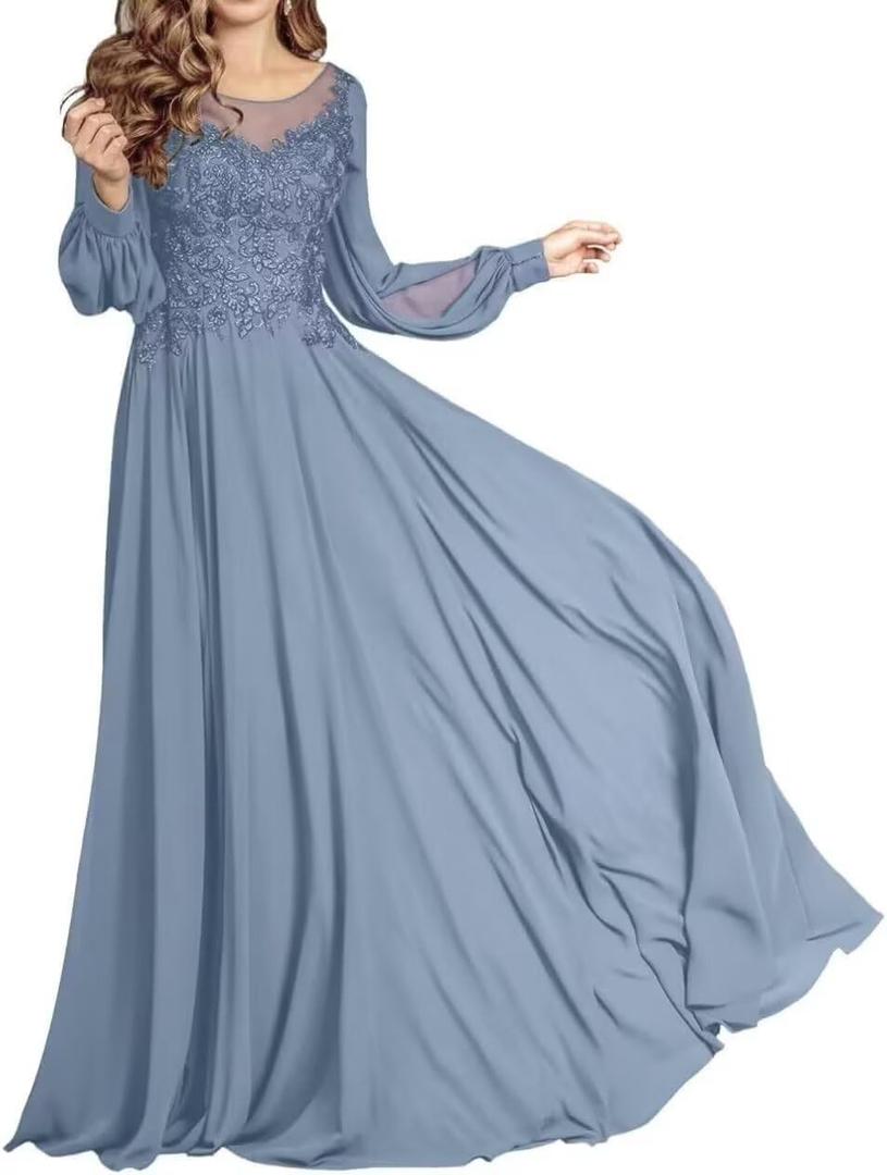Dusty Blue Long Sleeve Mother of The Bride Dresses for Women Chiffon Formal Elegant Mother of Groom Dress for Wedding Size 14