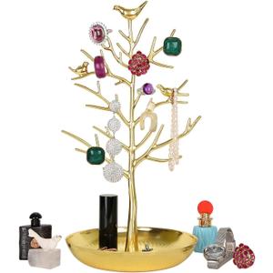 AUTODECO Retro Jewelry Tree Organizer for Necklaces and Earrings Ring Holder Display Jewelry Tower Great Tree for Women Gold