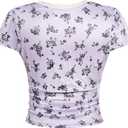 RoseSeek Girl's Ditsy Floral Print Lace T Shirt Short Sleeve Ribbed Ruched Cute Tee Shirts Summer Tops