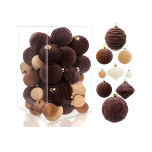 42PCS Velvet Christmas Ball Ornaments, Flocked Vintage Rustic Farmhouse Baubles in Assorted Sizes for Xmas Tree Decorations, Hanging Ornaments for Home, Party & Wedding Décor (Brown, Beige, White)