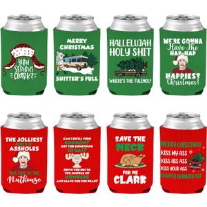 Funny Christmas Beer Can Covers, Christmas Vacation Merchandise Decorations, 8 Pcs Xmas Can Cooler Sleeves, 12 oz Reusable Can Coolers for Beverage Soda Drinks, Novelty Holiday Party Decor Supplies