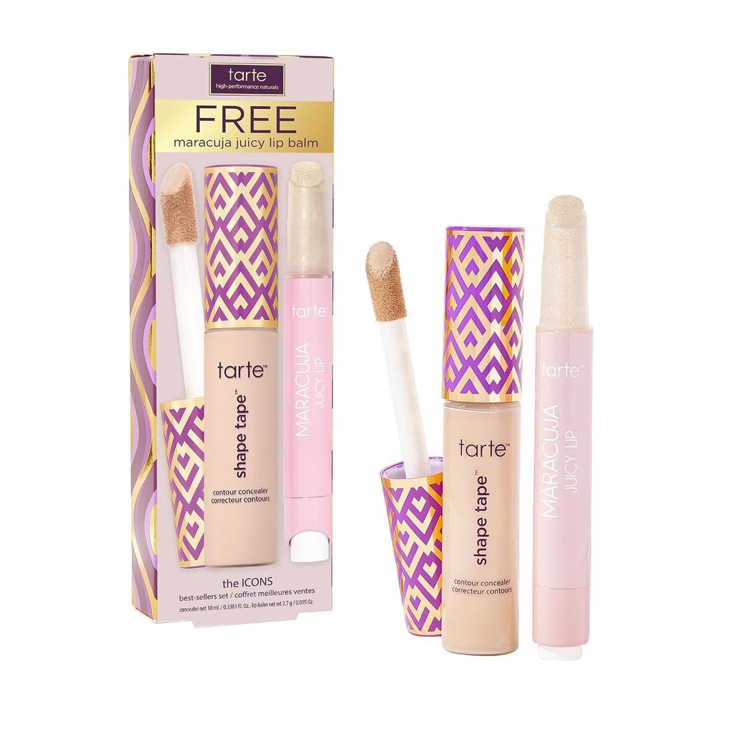 tarte icons shape tape concealer & maracuja juicy lip duo Full Coverage Concealer for Dark Circles & Fine Lines with Hydrating Nourishing Lip Gloss Balm, Vegan & Cruelty Free