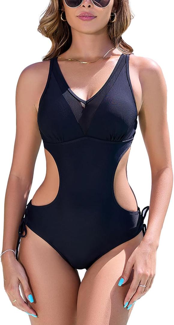 Women's Strappy Cutout One Piece Swimsuit Mesh Monokini Bathing Suit (Black, M)