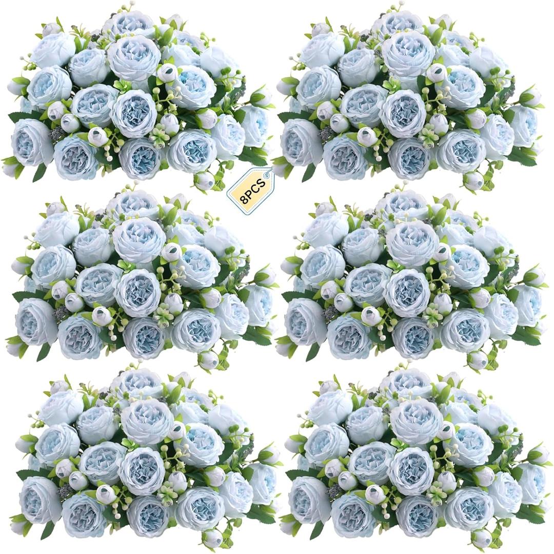 ASTRYAS 8Pcs Peonies Artificial Flowers, Blue Peony Bridal Artificial Peonies, Silk Peony Flowers Fake Artificial Flowers Bouquet for Centerpiece Table Wedding Party Home Decor- Light Blue
