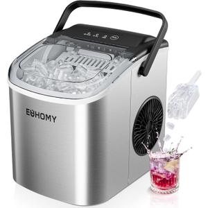 EUHOMY Countertop Ice Maker Machine with Handle, 26lbs Per Day, 9 Ice Cubes Ready in 6 Mins, Auto-Cleaning Portable Ice Maker with Basket and Scoop, for Home/Kitchen/Camping/RV (Silver) (11.57"D x 11.42"W x 8.74"H, Light Grey)