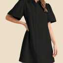 Womens Short Sleeve Button Down Mini Shirt Dress Lapel Collar Short Dresses with Pocket (Black, M)