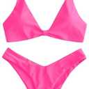 ZAFUL Women's Tie Knot Front Spaghetti Strap High Cut Bikini Set Swimsuit (Medium, 1- Neon Pink)