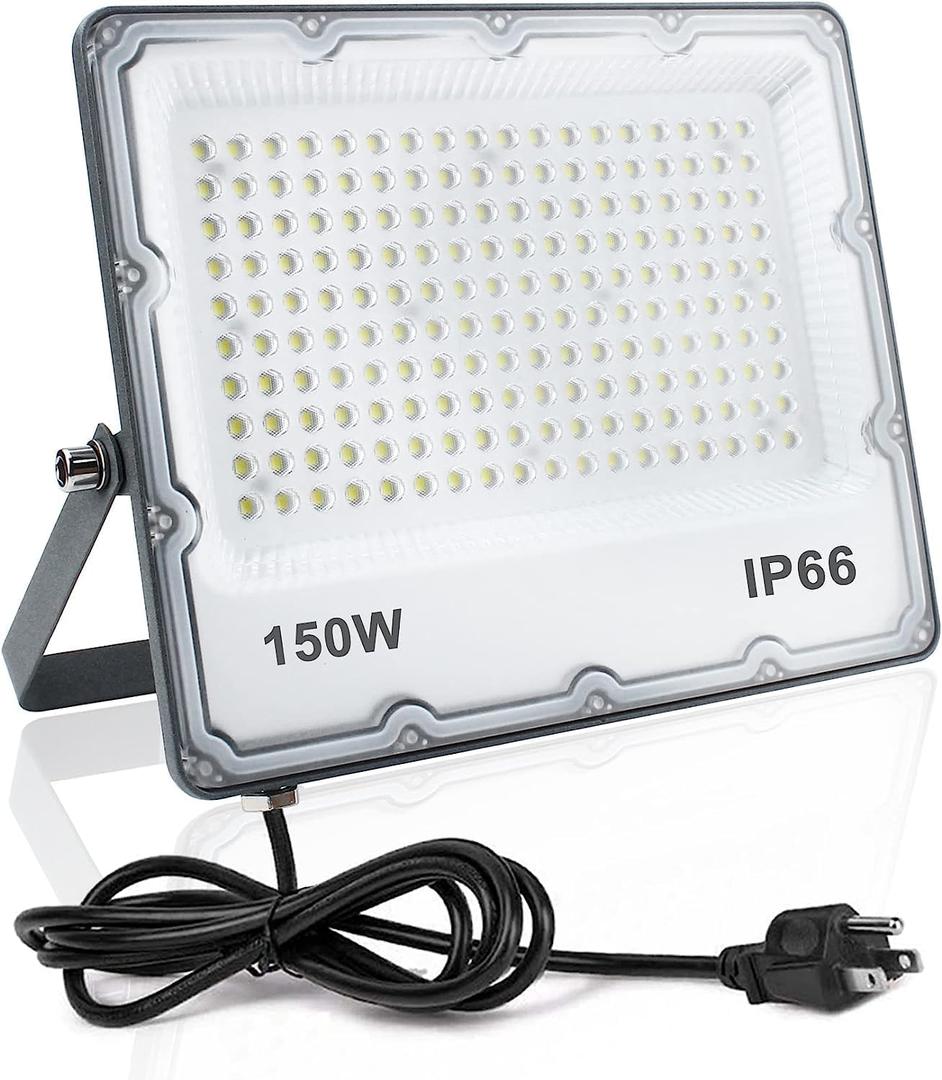 150W LED Flood Lights Plug in, Outdoor Security Lights Fixtures 6500K 15000LM Illumination, IP66 Waterproof White Lighting for Ball Ground, Parking Lot, Pathway, Yard (1 Pack)