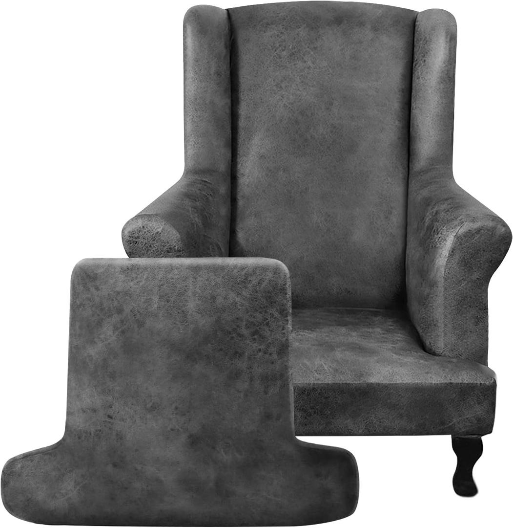 ANARACHON Leather Look Wingback Chair Covers, 2-Piece Wing Chair slipcover,Stretch Wing Back Armchair Slipcovers with Elastic Bottom, Soft Spandex Furniture Protector for Living Room (Light Grey)