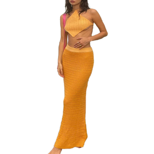VOIKERDR Crochet Maxi Skirt Sets Women 2 Piece Outfits Sleeveless Vest and Skirt Beach Vacation Clothes M