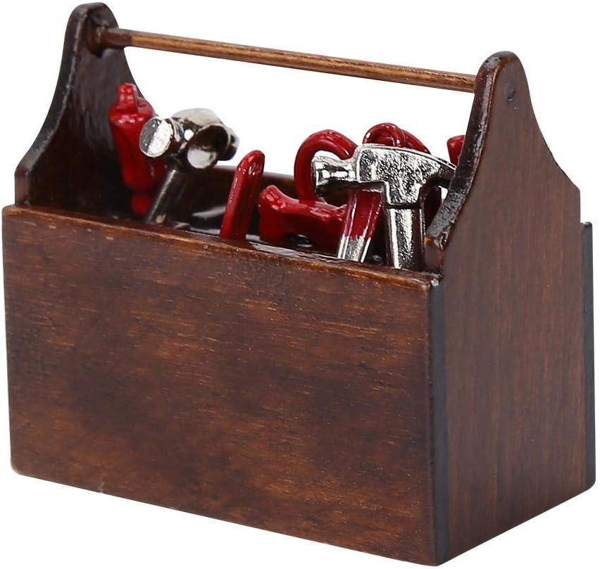Doll House Toolbox,Eecoo Miniature Tool Box Wooden Toolbox Model for 1/12 Doll House Accessories with 8PCS Metal Tools Set