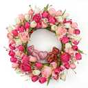 J'FLORU Valentines Day Decorations Romantic Valentines Day Gifts 22 Inch Valentine's Day Wreath with Lovely Bear Heart Roses Tulips for Valentine Party Anniversary Candlelight Dinner