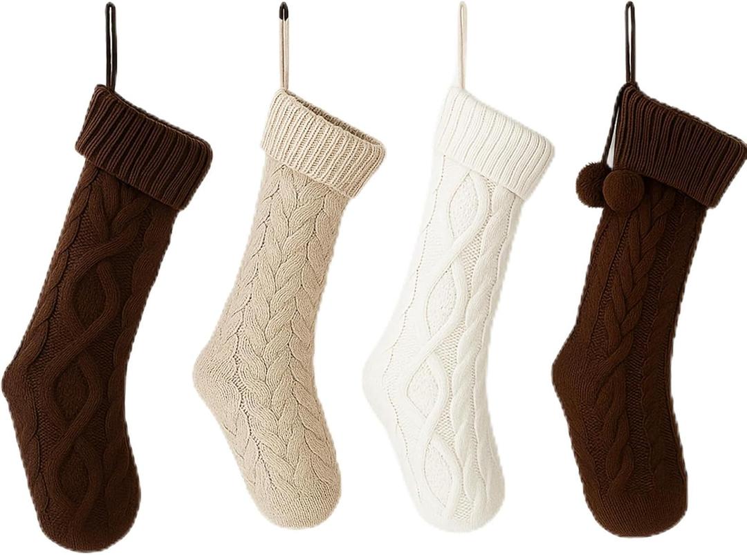 Shyyween 4 Pack Cable Knit Christmas Stockings 18 Inch Farmhouse Large Rustic Neutral Knitted Stockings Ornaments Hanging Xmas Decorations for Family Holiday Party Decor(Elegant Style)