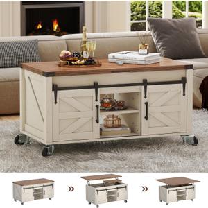 Lift Top Coffee Table with Storage, 4 in 1 Farmhouse Coffee Table with Lockable Rolling Wheels and Hidden Compartment, Center Table with 4 Sliding Barn Door for Living Room (White)