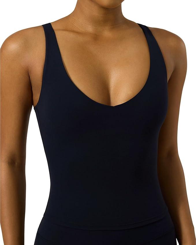 PAVOI ACTIVE Longline Sports Bra for Women, Mid Support Tank Top, FlexFlow | Wirefree Workout Cropped Tank with Built in Bra, V Neck Medium Support Long Sports Bra Black Large A-C Cups