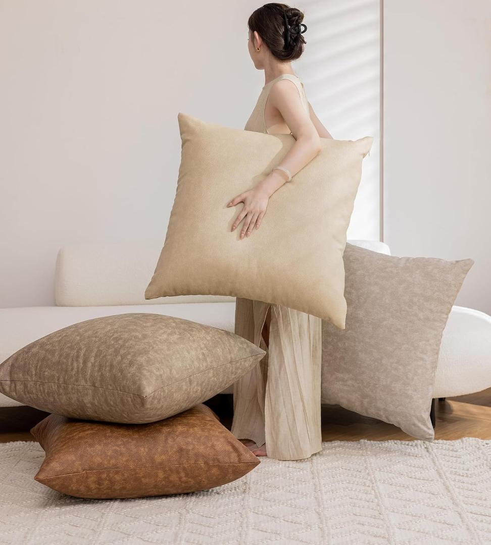 Neutral Decorative Oversized Vintage Faux Leather Throw Pillow Covers, Pack of 4 28x28 inch Soft Rustic Farmhouse Waterproof Cushion Cases, for Outdoor Lounge Sofa Couch Bed Home Decor (Beige/Light Grey/Olive Green/Cognac)