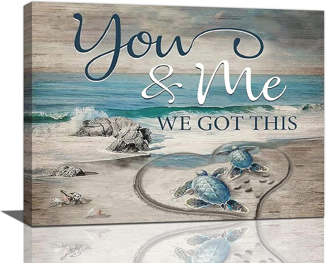 Yerretin Beach Sea Turtle Bathroom Wall Art Ocean Turtle Pictures Wall Decor Coastal Nautical Seascape Canvas Painting Love Artwork Home Decoration for Bedroom Office Framed 16"x12"