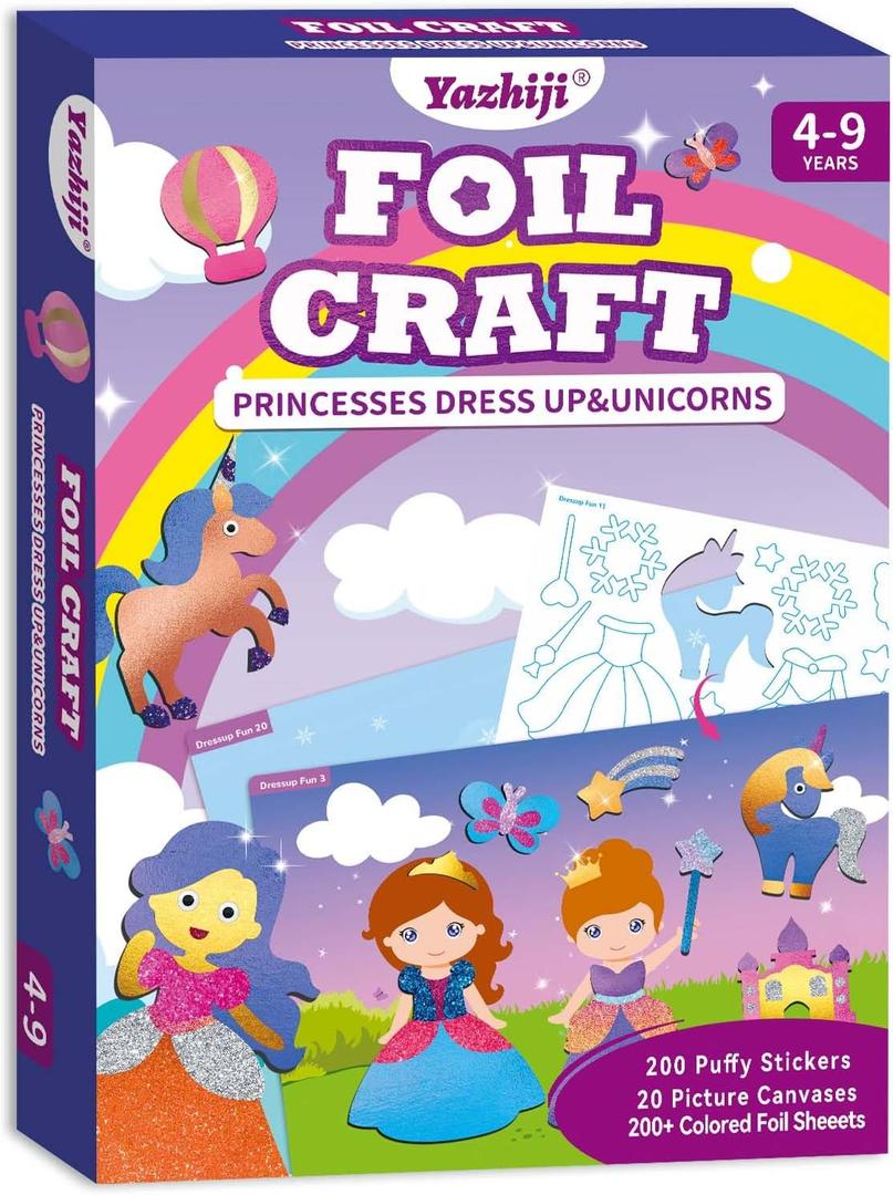 Yazhiji Foil Art Craft Kits for Kids Unicorns Princess Mess -Free Fun Activity Set for Child,DIY Printing Craft Kits, Gifts for Ages 4 5 6 7 8 9 10 11 12 Party Supplier Toys for Boys Girls