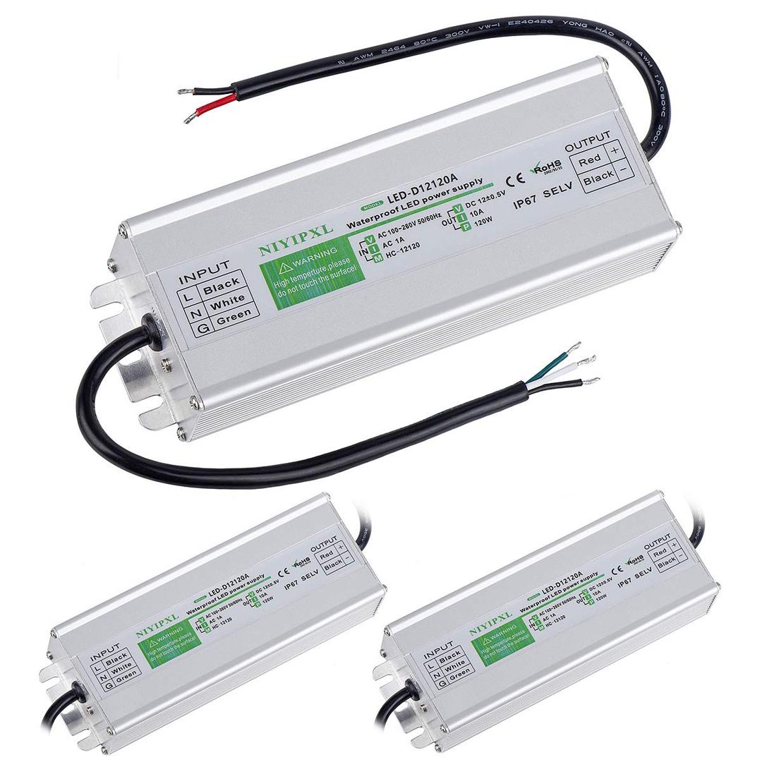 3 Pack LED Driver 120 Watts Waterproof IP67 Power Supply Transformer Adapter 100V-260V AC to 12V DC Low Voltage Output for LED Light, Computer Project, Outdoor Light and Any 12V DC led Lights
