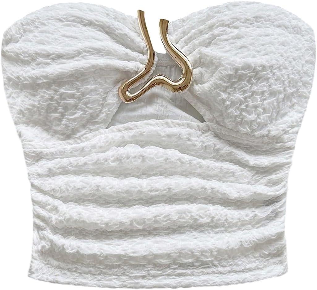 MakeMeChic Women's Bandeau Strapless Tube Top Backless Ruched Summer Sexy Cute Going Out Tops (White, XS)