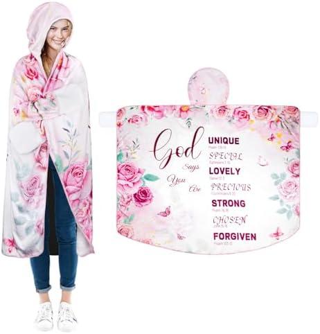 Christian Blankets for Women Faith, Christian Gifts for Women Wearable Blanket with Hat and Gloves, The Comfy Blanket Hoodie for Woman, Birthday Christmas Gifts for Moms, Daughters
