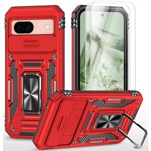 Pack of 2 PhuLok Compatible with Google Pixel 8A Case with HD Screen Protector,[Slide Camera Cover][Kickstand][Military-Grade] Heavy Duty Protection (Red)