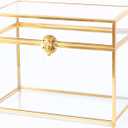 Vellon Gold Clear Glass Wedding Gift Card Box with Buckle Lock, Desktop Cosmetic Storage Organizer with Lib, Keepsake Box/Makeup Container, Golden Jewelry Box