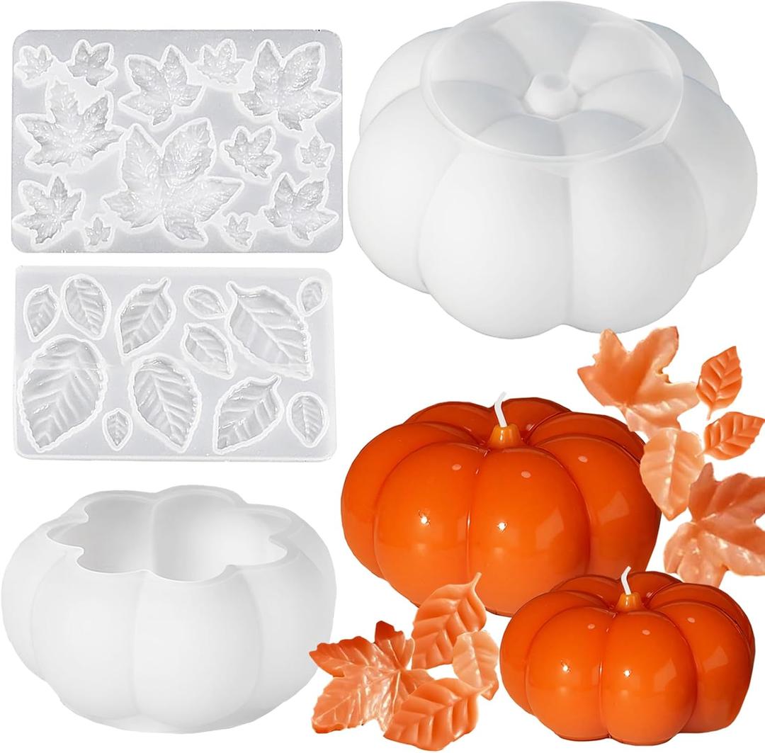 (2 Pack) Pumpkin Leaf Silicone Molds Set,Pumpkin Candle Molds for Candle Making,Unique Maple Leaf Resin Mold Halloween Thanksgiving Silicone Mold for Epoxy Resin Art Craft Home Decor