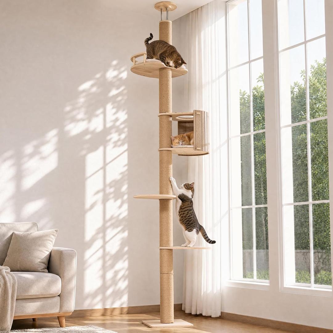 FUKUMARU Floor to Ceiling Cat Tree, 78-108in (6.5–9ft) Adjustable Cat Tower